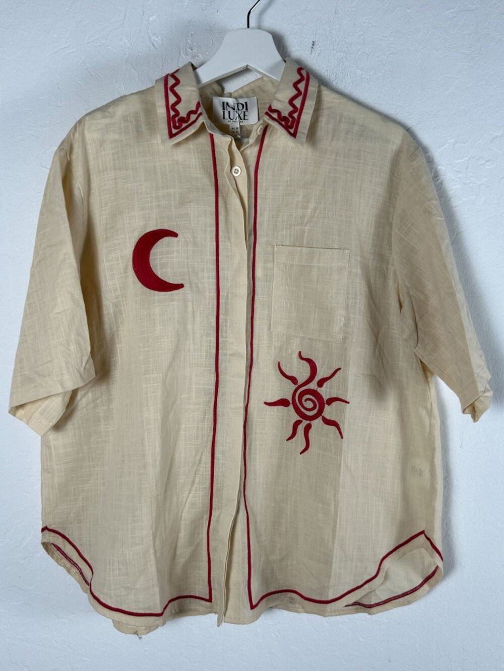 Indi Luxe by Indikah Womens Beige Moon & Sun Embroidery Shirt Medium New
